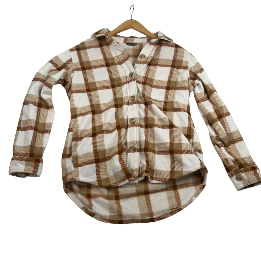 Eddie Bauer Womens Microfleece Button Up Shirt Brown Plaid Shacket Small 1724429